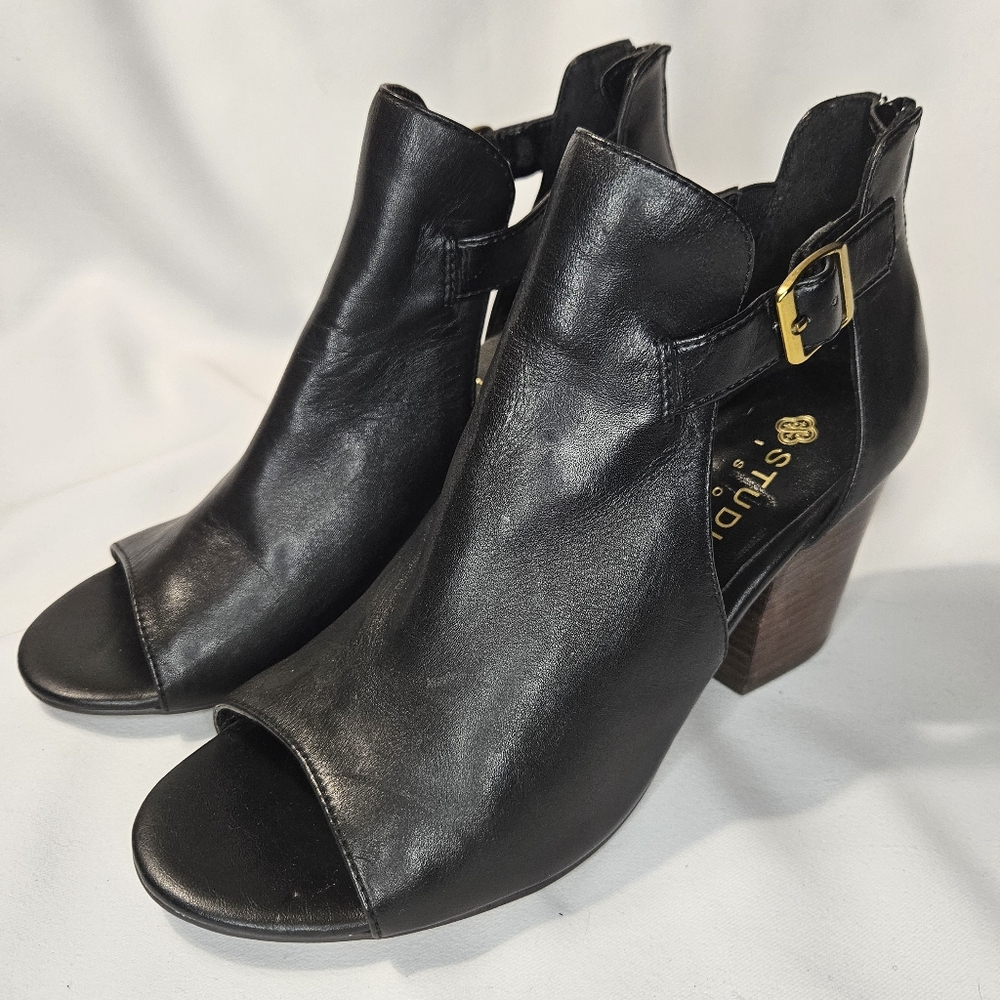 Studio Isola Black Leather Peep Toe Booties, Women's size 8